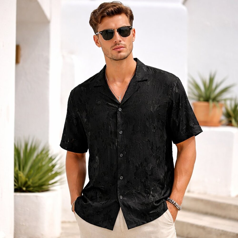 DKNY Sheer Floral Burnout Button Up Shirt Short Sleeve Resort Classic S Black